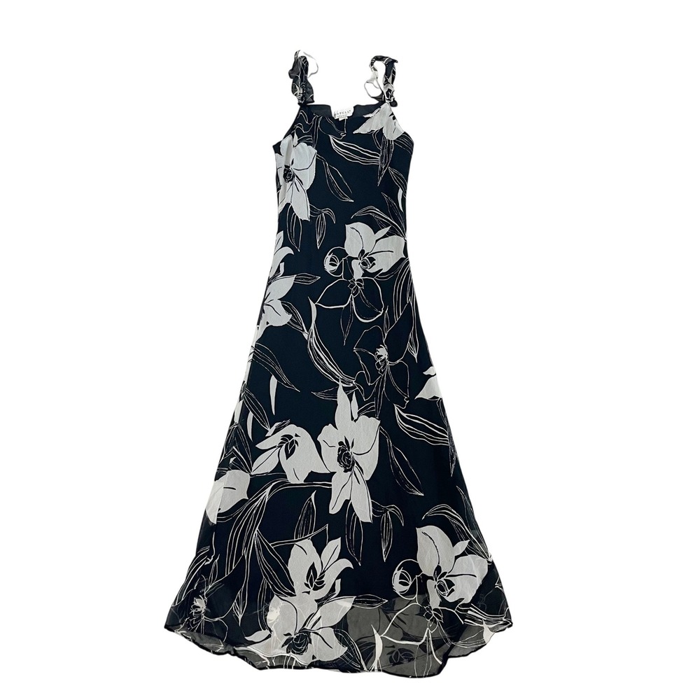 Vintage Papell Studio Floral Maxi Dress Black White Ruffle Strap Y2K 90s MEDIUM